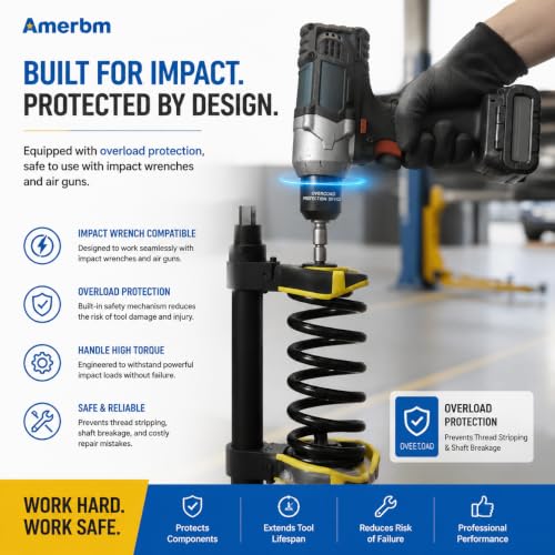 Image of Heavy Duty Macpherson Strut Spring Compressor Tool - Impact Wrench Compatible, Coil Spring Extractor Kit with Overload Protection & Safety Guard, 3 Interchangeable Forks for Car & UTV