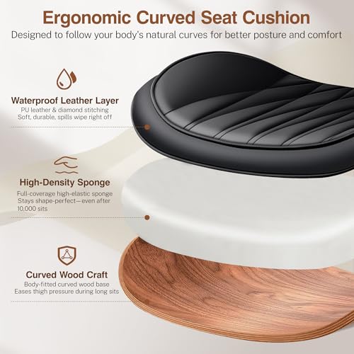 Image of Ergonomic Armless Office Desk Chair - Mid-Century Modern Black Faux Leather with Diamond Stitch, Adjustable Height Swivel Rolling Task Computer Chair with Walnut Accent for Home Office, Study & Work