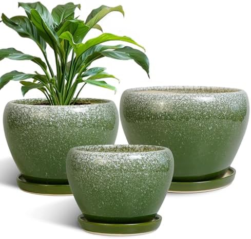 Ceramic Pots for Plants, 10+8+6 Inch Round Decorative Planters for Indoor Outdoor with Drainage Holes and Saucers, Office Garden Room Patio Decor, Gifts for Plant Lovers, Set of 3, Green