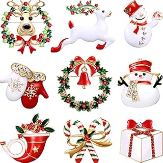 Hicarer 9 Pieces Christmas Brooch Pins Set with Rhinestone for Women, Crystal Cute Enamel Pins Snowman Bells Christmas Trees Jewelry Pins for Xmas Decorations