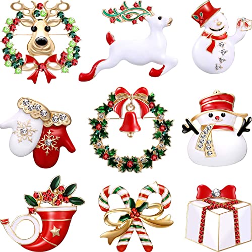 Hicarer 9 Pieces Christmas Brooch Pins Set for Women, Crystal Rhinestone Cute Pins Snowman Christmas Trees Jewelry Xmas Decorations Gifts(Gloves Set)