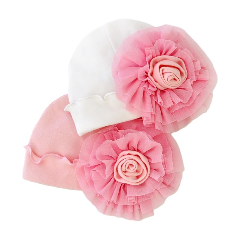 2Pack Floral Baby Girl Beanie Hats Newborn Hospital Hat Coming Home Pictures Photo Props, Cotton Infant Hats3