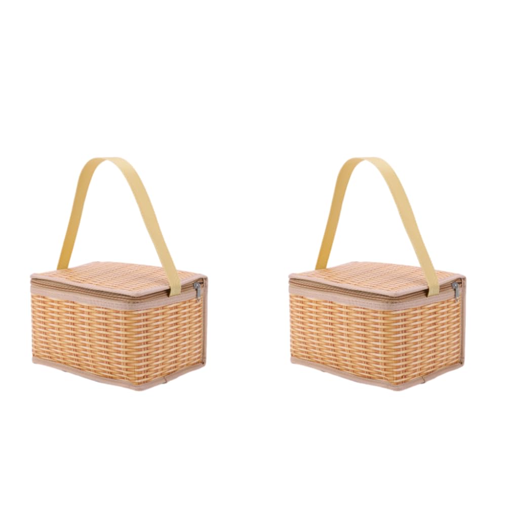 Fiorky 2pcs Soft Cooler Backpack with Hard Liner, Outdoor Wicker Rattan Picnic Bag Waterproof Tableware Camping Picnic Baskets for Picnic, Camping, Valentine Day, Thanks Giving, Birthday