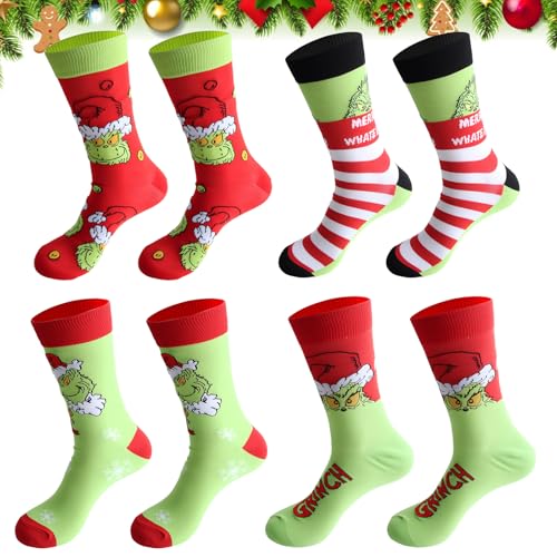 QIANAI 4 Stücke Grinch Weihnachtsstrumpf, Grinch BaumwolleSocken,...