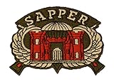 SAPPER with CASTLE and JUMP WINGS PATCH - Red and White on Olive Green Background - Veteran Owned Business