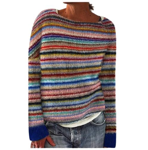 Womens Fair Isle Sweaters Trendy Fall Winter Casual Vintage Striped Crewneck Long Sleeve Oversized Pullover Knitted Top2