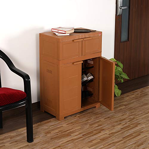 Image of Cello Novelty Dual Plastic Shoe Rack with Dustproof Doors| 3 Year Warranty | Chappal /Slipper /Footwear Stand for Home, Living Room, Office, Outdoor| Sandalwood Brown Colour