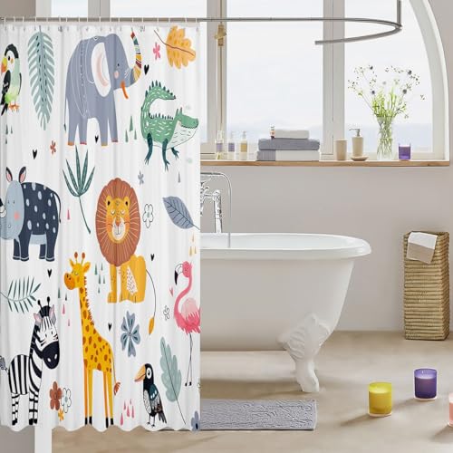 Image of Kids Zoo Animal Bath Curtain Cute Wild Animals Shower Curtain Cartoon Safari Wild Bathroom Shower Curtain Set Boys Girls Bedroom Decor Exotic Natural Waterproof Shower Curtain with Hooks 72x72 Inch