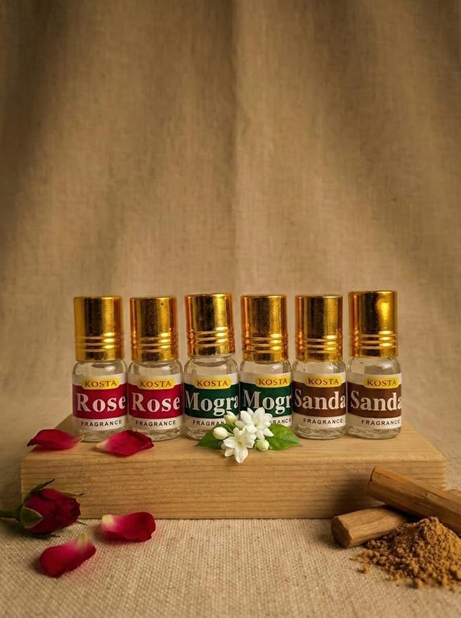 Image of KOSTA Attar Combo Pack of 6 (2ml Each) | Sandalwood (Chandan), Rose (Gulab) & Mogra Perfume Oils | Alcohol-Free Long Lasting Roll-On Attar for Men & Women