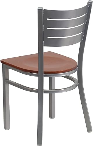 Miniatura 5 de Flash Furniture Hercules Series Silla de restaurante de metal con respaldo de listones plateados, 2 unidades, asiento de madera de cerezo
