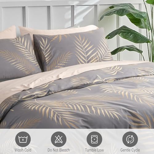 Gold Palm Leaf Duvet Cover King Set Gray Rustic Botanical Plant Bedding by YASMENG - Used condition - Image 2