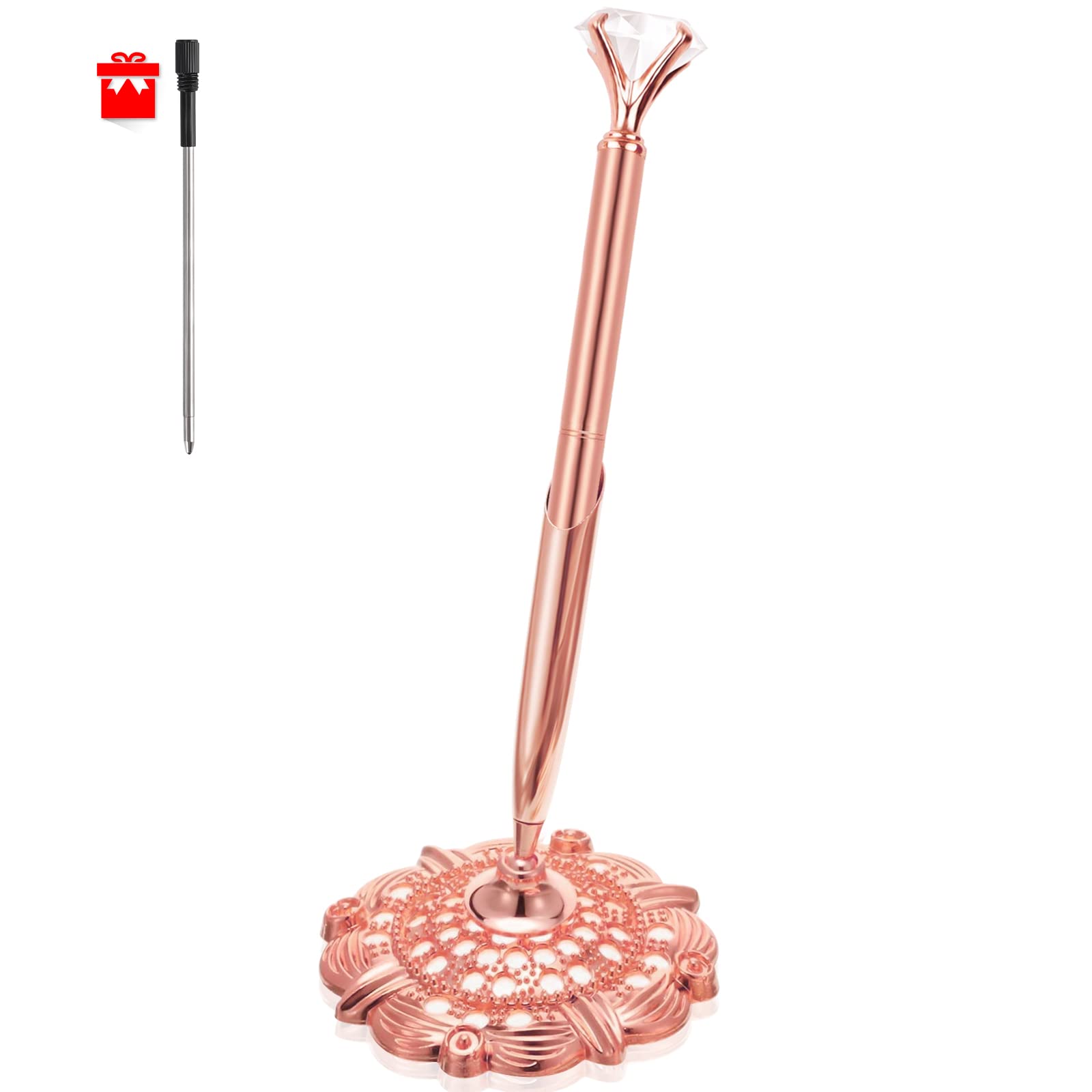 Photo 1 of RUTICH Hollow Round Pen Holder Signing Pen Set with Big Diamond Crystal Pen for Wedding Bridal Opening Ceremony Graduation Office, Rose Gold(Black Ink)