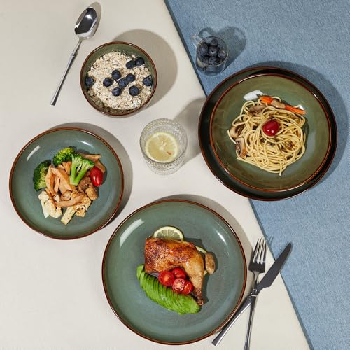 Image of Pokini 24 Piece Double Bowl Dinnerware Sets with Pasta Bowls, Highly Chip and Crack Resistant Plates and Bowls Sets, Natural Earthyware Ceramic Dishware Sets, Service for 6 Brown Green