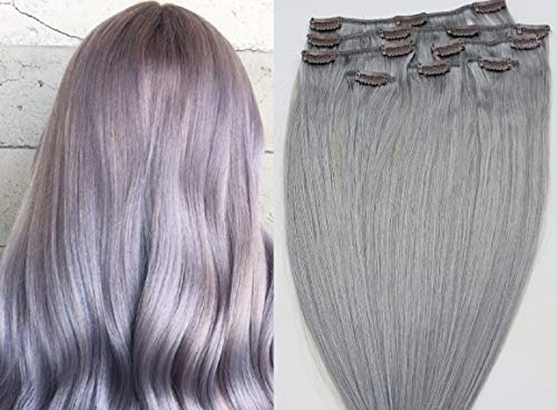 Hair Faux You 18 inch Clip in Hair Extensions Real Human Hair 80g Clip on for Full Head 7 pieces, 14 clips, Silky Straight Weft Remy Hair Color # Sterling Silver Beautiful Silver Gray