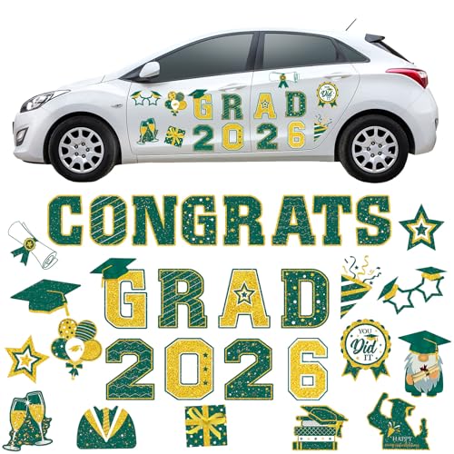 Image of Landhoow 30 Pcs Graduation Car Magnets 2026 Senior Graduation Car Decoration Bumper Sticker Congrats Grad Magnet Magnetic Refrigerator Decal for Grad Parade Party Supplies(Green, Gold)