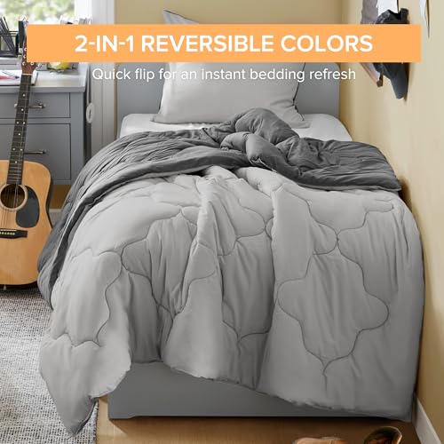 Image of Comfort Spaces Comforter Set Vibrant Reversible Comforters Twin Size Quilted Bedding Set, All Season Lightweight Bedding, Soft Microfiber Comforter, Vixie, Grey /Light Grey Twin /Twin XL 2 Piece