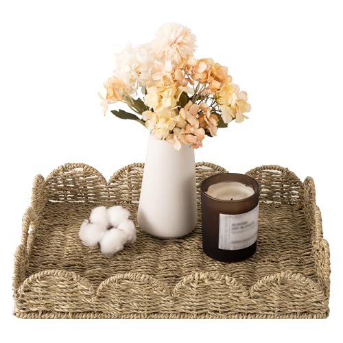 StorageWorks Rectangle Wicker Scalloped Tray Rattan Serving Trays with Handles Seagrass Basket for Decorative & Organizing 15.75 L x 11.5 W x 2.75 H