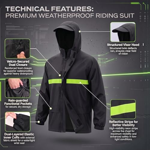 Image of HACER Raincoat with Reflective Strip Hooded and Adjustable Waterproof Poncho Rainwear Reversible Polyester Reusable Rainsuit for Sports Bikers Riding Camping Men & Women (Black, XXL)