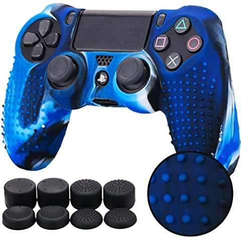 Pandaren® STUDDED silicone cover skin anti-slip for PS4/ SLIM/ PRO controller x 1(camouflage blue) + FPS PRO thumb grips x 8 Cover