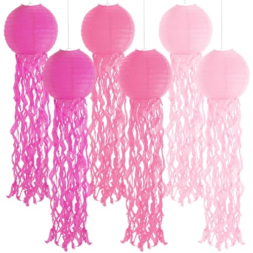 Image of Set of 6 Hanging Jellyfish Paper Lanterns Blue Jellyfish Decor for The Sea Ocean Party, Mermaid Birthday Decoration, Baby Shower, Nautical Events (Pink)