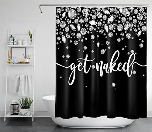 LB Get Naked Black and White Shower Curtain Bling Luxury Silver Jewelry Bath Curtain Funny Words Polyester Anti Mould Waterproof Small Bathroom Curtains with Hooks,59x71 inches - Image 2