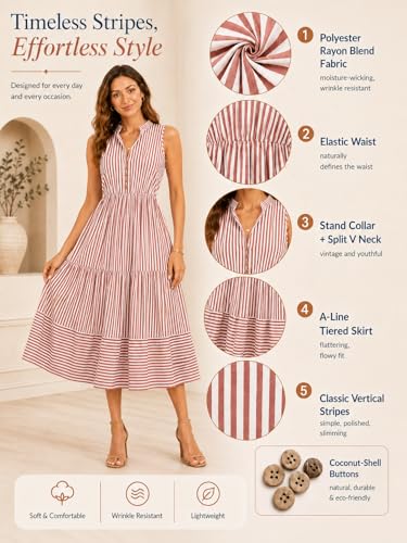Image of BROVAVE Womens 2026 Summer Sleeveless Shirt Dress Collar Striped V Neck Casual Midi Dresses