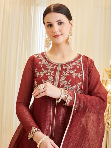 Image of MOKOSH Women's Silk Embroidered Peplum Kurta Sharara with Dupatta | Kurta Set | Ethnic Wear |Round Neck Full Sleeve Kurta | 3 Piece Outfit |Embroidered