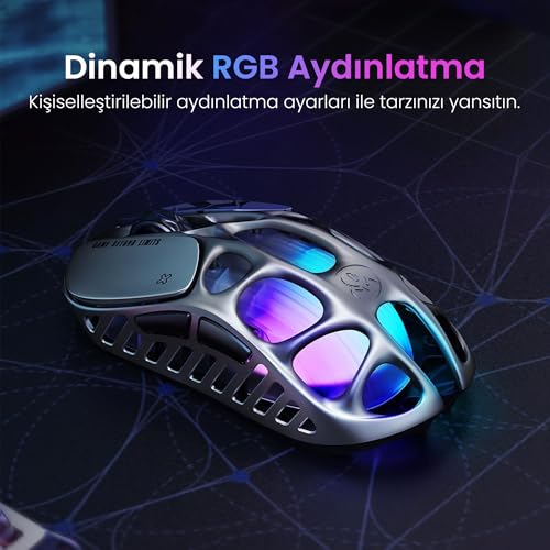 GravaStar Mercury X Pro Kablosuz Oyun Faresi - 32.000 DPI PAW 3950 Sensör, 8.000Hz Yoklama Hızı, Magnezyum Alaşımlı İçi Boş Çerçeve, RGB Aydınlatma, 5 Programlanabilir Düğme, Üç Modlu