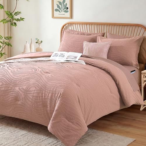 Image of King Size Comforter Set- 7 Pieces Dusty Pink Bed in a Bag King Bedding Sets | All Season Soft Botanical Textured Comforter Bed set with Sheets, Pillowcases & Shams