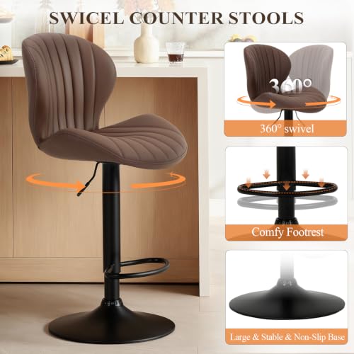 Image of MALOL Bar Stools Set of 2, Swivel Adjustable Height Leather Bar Chair,Brown