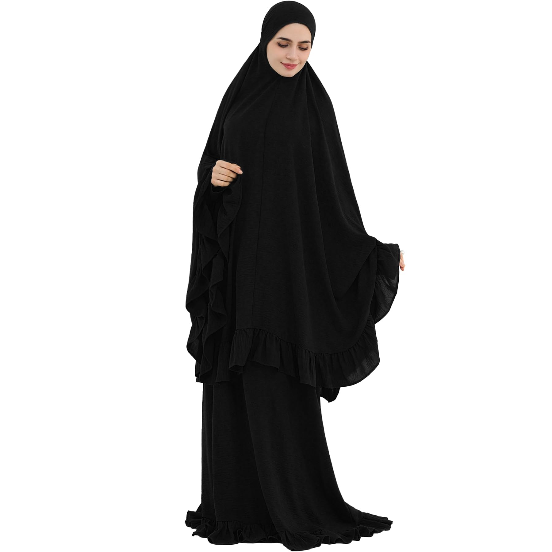 khalat 2PCS Abayas für Frauen Muslimisches Kleid mit gerüschtem Saum Bescheidenes Gebetsgewand Vollständig bedeckendes bescheidenes Jilbab-Set