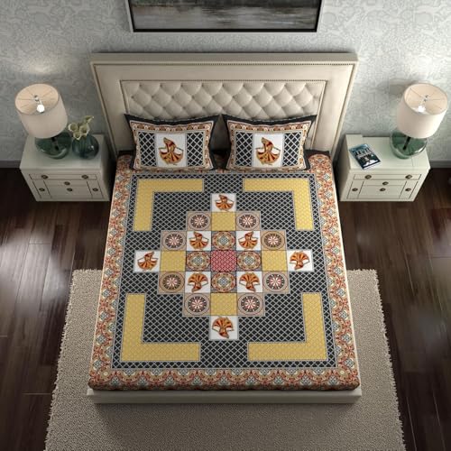Image of La Verne 104 TC Cotton Double Bed Bedsheet Jaipuri Rajasthani Print Bedsheet with 2 Pillow Covers