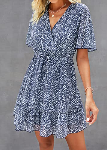 Kirundo 2023 Women's Summer Dresses Casual Short Sleeve V Neck Ruffle Leopard Print High Waist Flowy Mini Dress With Belt(Large, Dark Blue) #TOP2