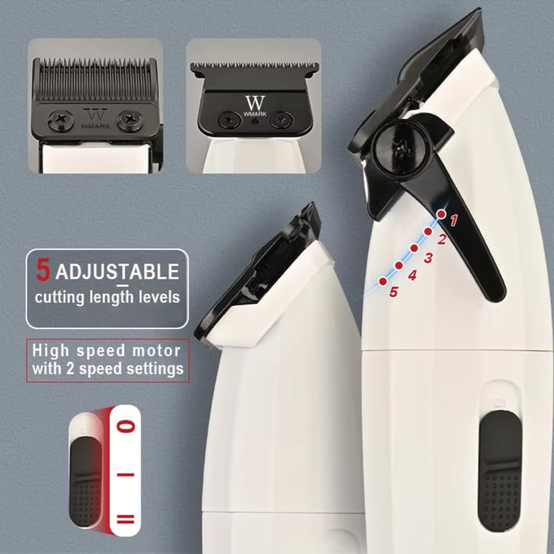 Image of WMARK Ng-8632 Kit Hair Clipper 9000RPM & 9000RPM Hair Trimmer Metal Boday 2 Speed Setting Magnetic Motor 9 Guide Comb Taper Lever Adjustments Runtime 180 & 240 Min, Model 7, White