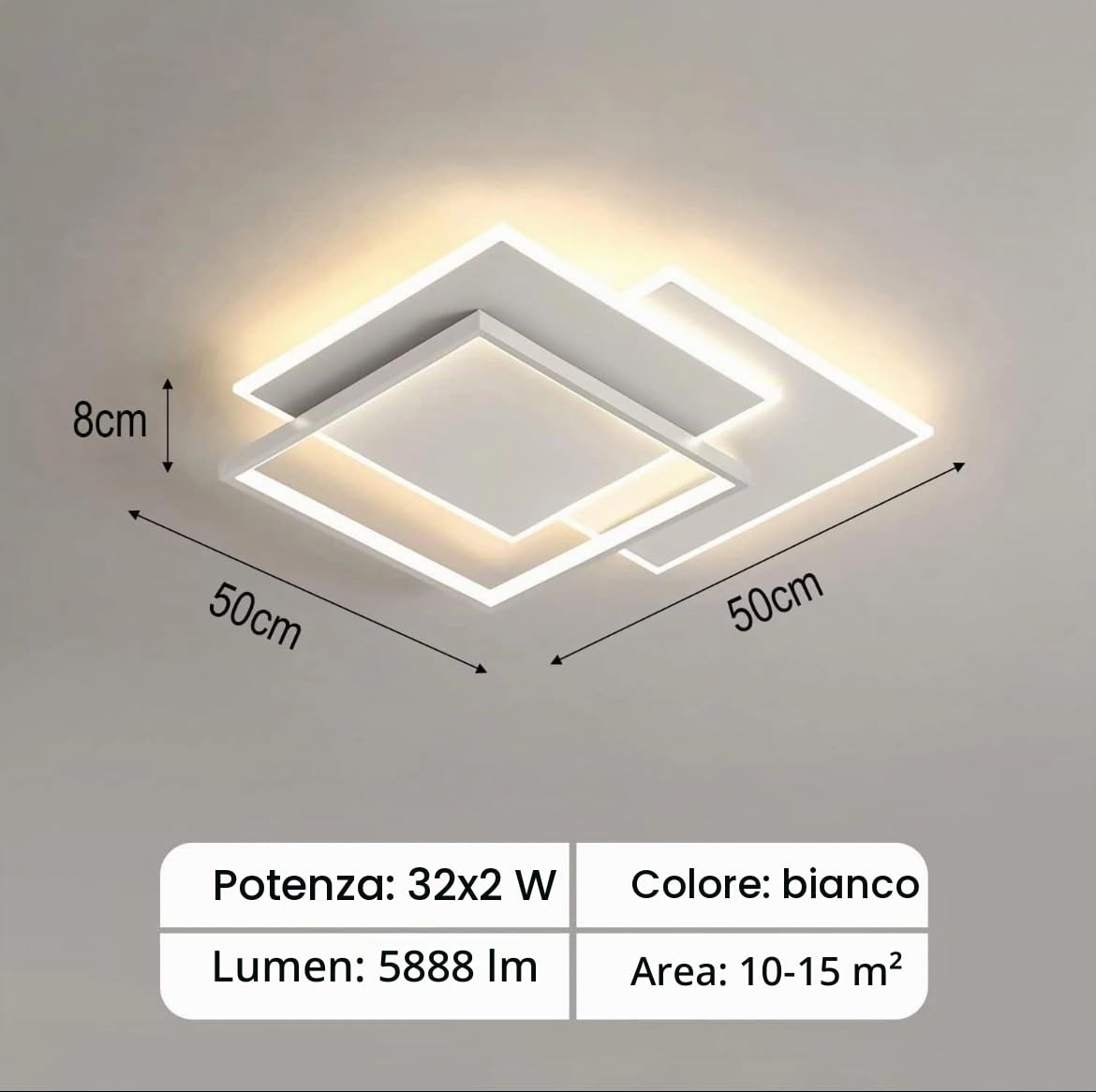 Plafoniera LED Moderna 64W con Telecomando + App Bluetooth, Dimmerabile CCT 3000K-6500K, Design a 3 Quadrati Bianchi, 5888 Lumen 47×47cm per Soggiorno Camera Ufficio, Installazione Facile e Accessori