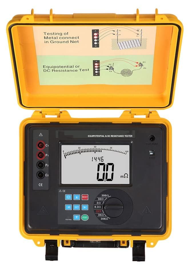 Equipotential Bonding Resistance Tester Contact DC Resistance Test with Measuring Range 1mΩ to 30.0kΩ Test Current ≥4A LCD Display Waterproof Protection Box