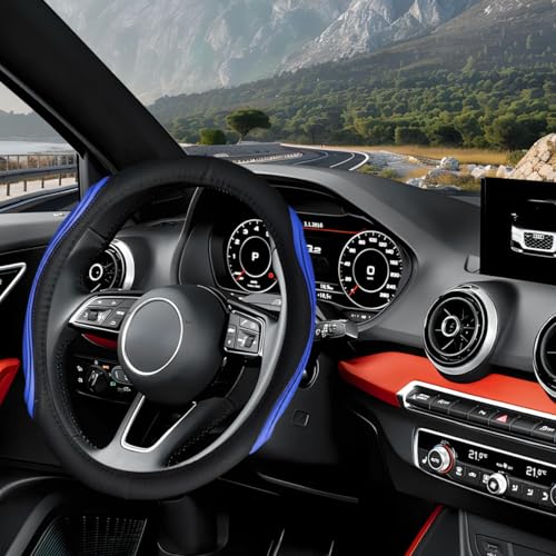 Image of Osilly 15 Inch Car Leather Steering Wheel Cover, Automotive Accessories Elastic Breathable Anti-Slip Soft Wheel Protector Fits Men and Women, Suitable for SUVs, Trucks, Vehicles and RVs (Black /Blue)