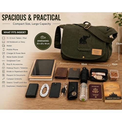 Image of Rough Canvas Cotton Messenger Sling Bag, (32x23x10cm, 7.5L) Medium Size. Patching with Elephant Design