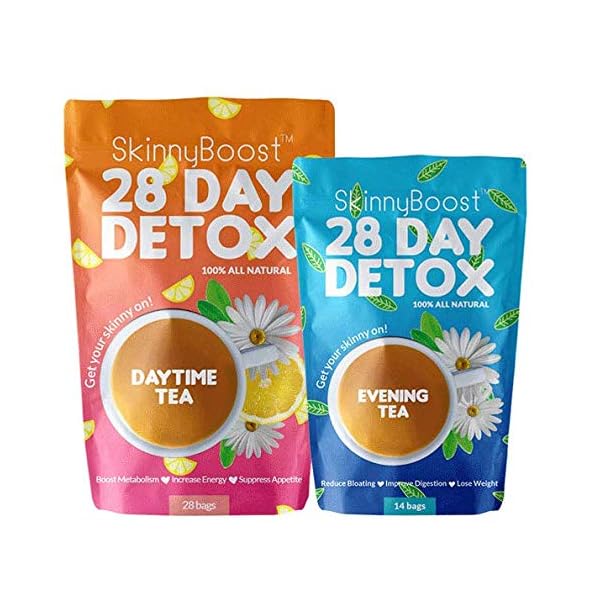 SkinnyBoost 28 Day Detox Tea Kit-1 Daytime (28 Bags) 1 Evening (14 Bags) Non GMO, Vegan, All Natural Teas, Made with Green Tea and Herbal Teas for Natural Detox and Cleanse