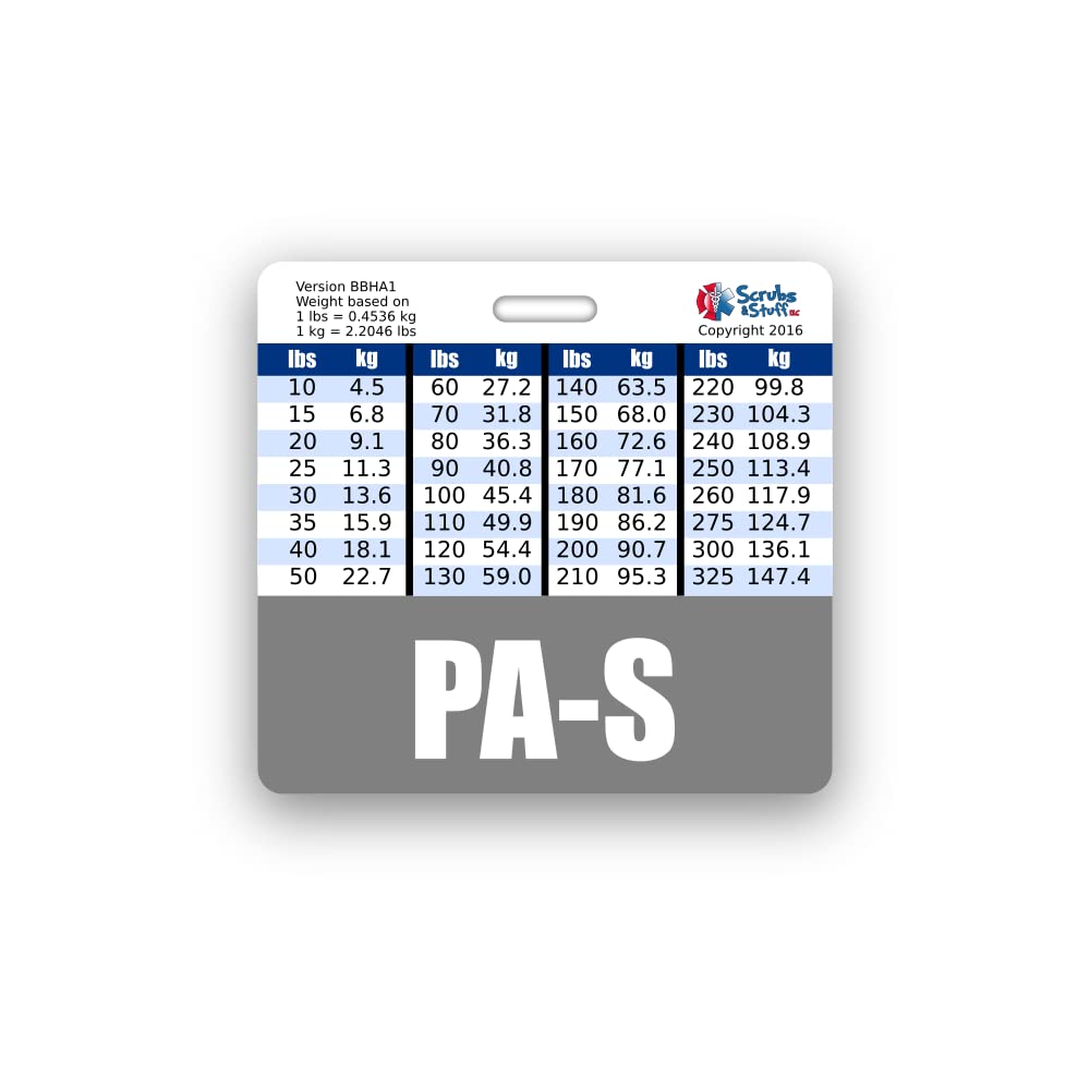 PA-S Badge Buddy Horizontal w/Height & Weight Conversion Charts (Standard, Gray)