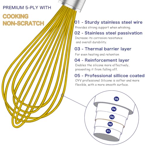 Image of OYV Yellow Silicone Whisk, Professional Whisks For Cooking Non-Scratch, Stainless Steel & Silicone Wisk, Plastic Rubber Whisk Tool For Nonstick Cookware Pans, Silicon Wisks Set of 3.
