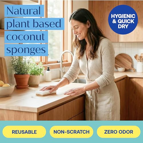 Image of Fab Tab Coconut and Cellulose Sponges, Plant-Based, Non-Scratch Cleaning Sponges for Dishes, Sinks, Stoves, Countertops, Odorless Kitchen Sponge, Reusable, Dishwasher Safe 12-Count