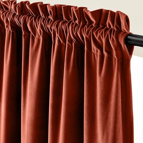 Image of Lazzzy Velvet Blackout Curtains Thermal Insulated Room Window Drapes Super Soft Luxury Curtains for Living Room Bedroom Rod Pocket 2 Panels, Rust Red, 52 inch W x 63 inch L