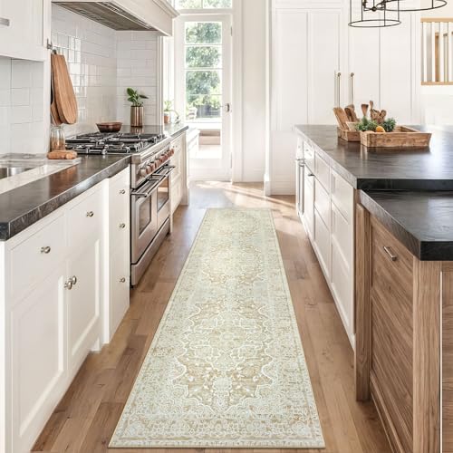 KUTA Hallways Runner Rug 2x8 Beige Yellow, Vintage Floral Kitchen Rugs Non-Slip Washable Ultra Soft Printed Retro Distressed Flower Carpet Entryway Runers for Bedroom Nursery Hallways