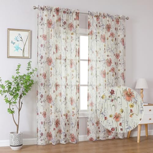 Image of OWENIE Crushed Sheer Curtains 84 Inch Length 2 Panels Set, Sheer Floral Curtains Printed Drapes on Sheers for Living Room, Rod Pocket Light Filtering Window Sheers (2 Panels, 42 inch x 84 inch) (Pack of 2)