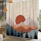 Sillsloso Mid Century Boho Shower Curtain for Bathroom Abstract Sunset Geometric Mountain Forest Aesthetic Shower Curtains Set Bohemian Minimalist Bathroom Decor Waterproof Fabric 72x72 inch