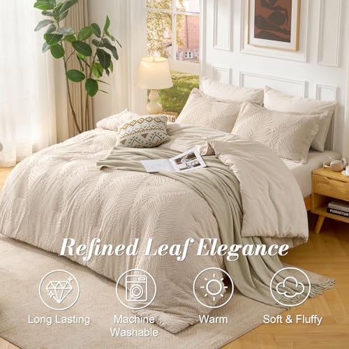 Image of 7 Pieces Tufted Boho Comforter Set Leaves Floral Khaki Farmhouse Shabby Chic Embroidered Bedding for All Seasons Full Size with Comforter Sheets Pillowcases Shams