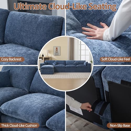 Image of 146''Cloud Boneless Sectional Couch, Modular Sectional Sofa Deep Seat with Ottoman, Oversized Upholstered Convertible Comfy 5 Seater Chenille Sofa L Shape Couches for Living Room, Blue