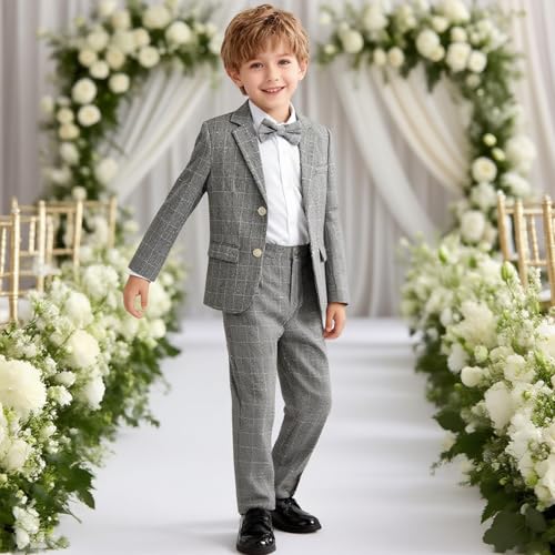 Image of LOLANTA Boys Suit Wedding Ring Bearer Outfit Kids Formal Wear Dress Clothes | Boy 3-Piece Plaid Suits, Sport Coat Blazer and Pants Set with Adjustable Bow Tie, Gentleman Birthday Party Graduation Outfits