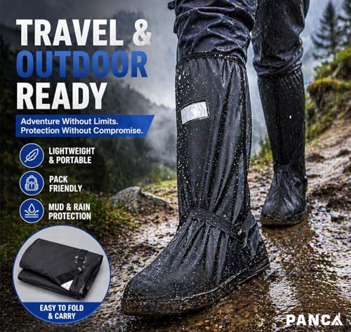 Image of PANCA Waterproof Rain Shoe Cover for Men & Women | Reusable PVC Overshoes with Non-Slip TPE Sole | Elastic Fit Anti-Skid Shoe Protector for Bike Riding, Travel & Monsoon (Black)